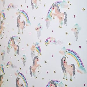 Rainbow Unicorn Glitter Wallpaper White Arthouse 696109 Girls