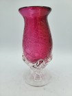 BL Studio ART GLASS VASE ARTIST SIGNED Fuschia Pink Red Crackle Clear Footed 7"