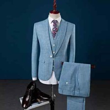 Sky Blue Men Linen Suit Formal Business Groom Tuxedos Wedding 3 Piece Custom