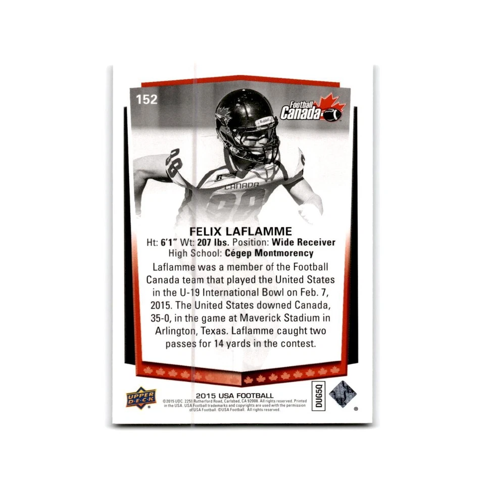 Felix Laflamme 2015 Upper Deck USA #152 Canada Football Card NM - Image 2 of 3