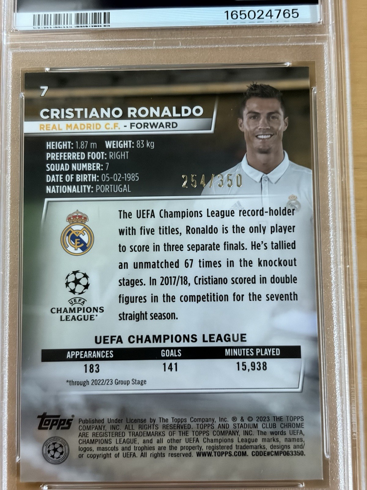 2022-23 Topps Stadium Club Cristiano Ronaldo Black and White Prism /350 PSA 10 view 3