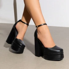 Women Ankle Strap High Chunky Block Heel Platform Wedding Party Pump Shoes