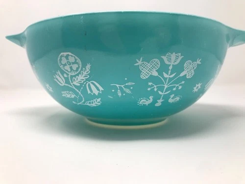 Vintage Pyrex Embroidery Needlepoint Turquoise Cinderella Bowl #443 1958 Promo
