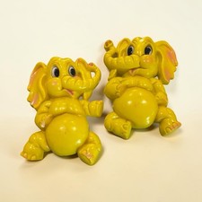 Vintage 1970s 2 Homco Yellow Baby Elephant Wall Art Plastic Decor Nursery 13"