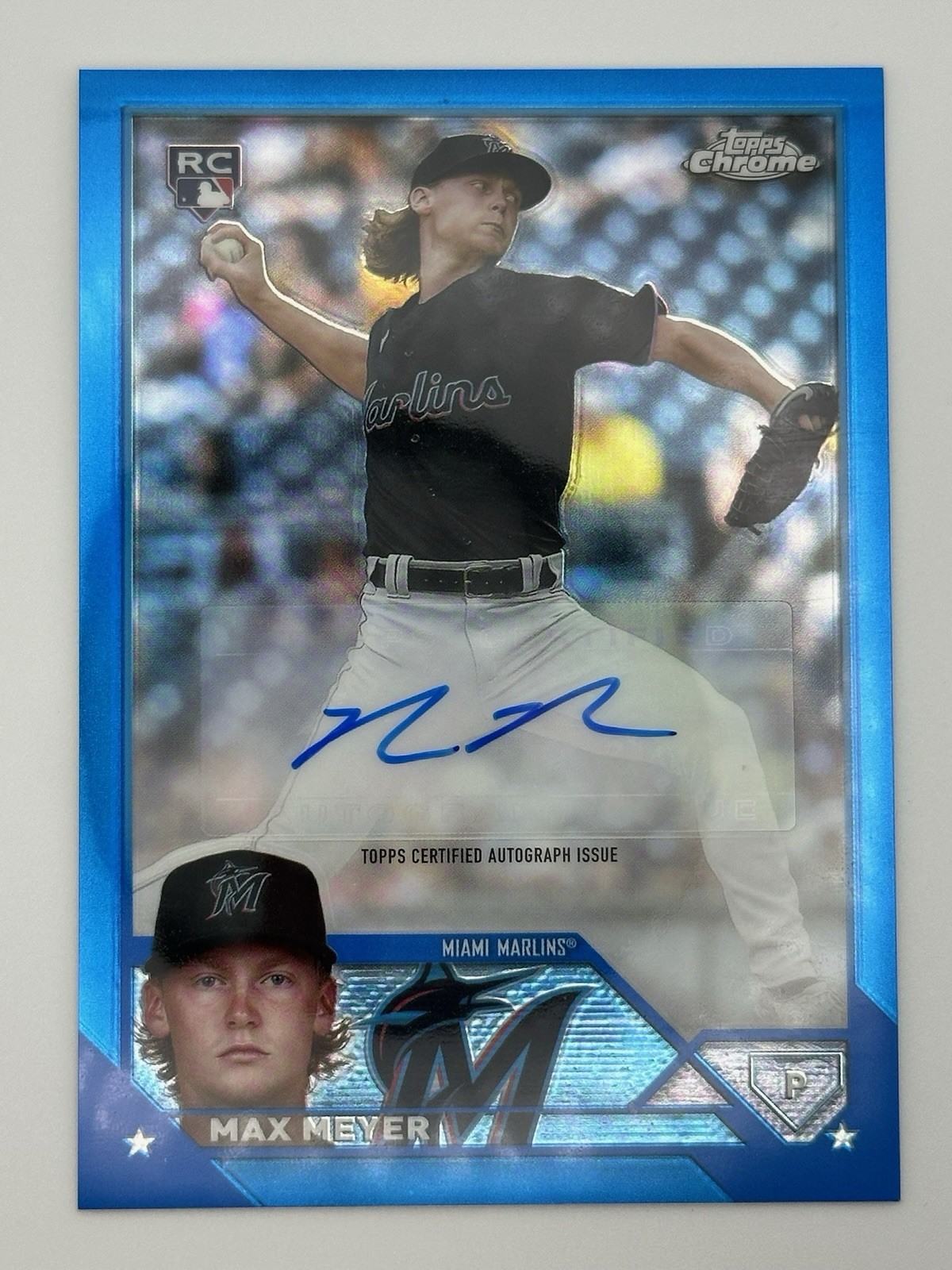 2023 TOPPS CHROME MAX MEYER #AC-MME BLUE REFRACTOR 143/150 RC AUTO MARLINS
