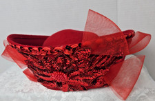 VTG Red Wool Hat Beads Sequins Bow Flower Church Derby Tea Party Prop
