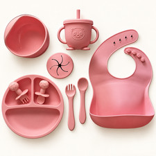 9-Piece Baby Silicone Feeding Set Suction Plate Bowl Bib Cup Utensils Pink