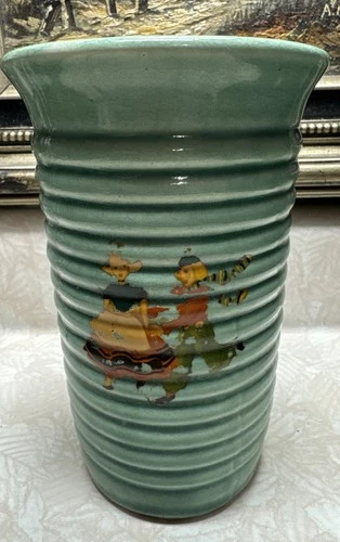 Bauer Vintage Green Cylinder Vase With Dutch Boy And girl Handpainted On. Calif