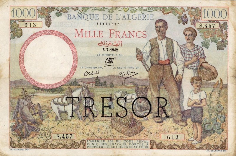 France "Tresor Corsica Issue" 1000 Francs Provisional Currency Banknote 1945