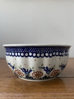 Polish Pottery Ceramika Wiza Boleslawiec Cereal Soup Bowl Ribbed Floral Blue 6.5