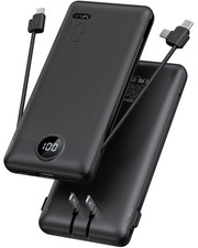 VRURC Portable Charger, Power Bank Built-in Cables and AC Wall Plug Black