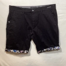 Denim & Flower Ricky Singh Shorts Black Denim Floral Cuffs Chino Walking Sz 32