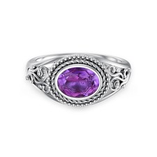 East-West Natural Amethyst Promise Ring for Women 8  6mm Oval Shaped Healing...