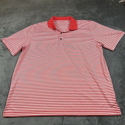 Izod Performance Polo Shirt Mens Large Red White Striped Short Sleeve Golf