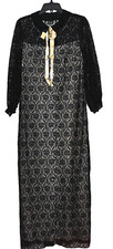 Vintage Evelyn Pearson Black Floral Lace on Beige Rhinestone Buttons Maxi Robe M