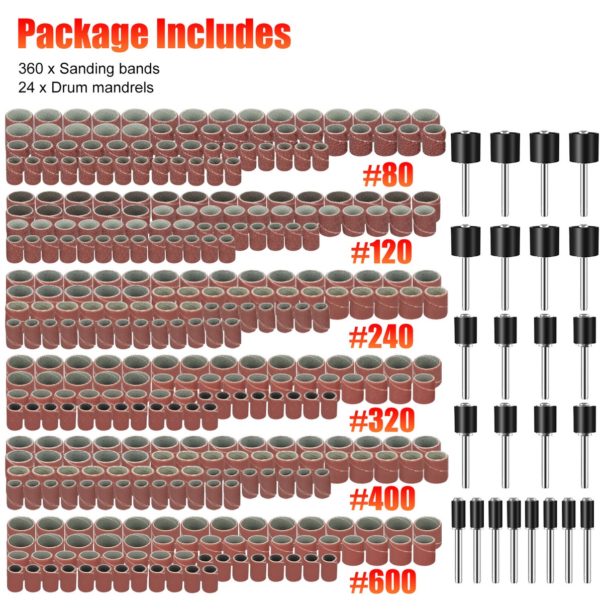384 Pieces D Sander Set Including 360 Pieces Sanding Band Sleeves And 24 Pieces D Mandrels For Rotary Tool I375188185