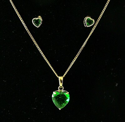 585 Gelbgold SET Kette Ohrsteckern 14 Karat Gold HERZ Zirkonia smaragd