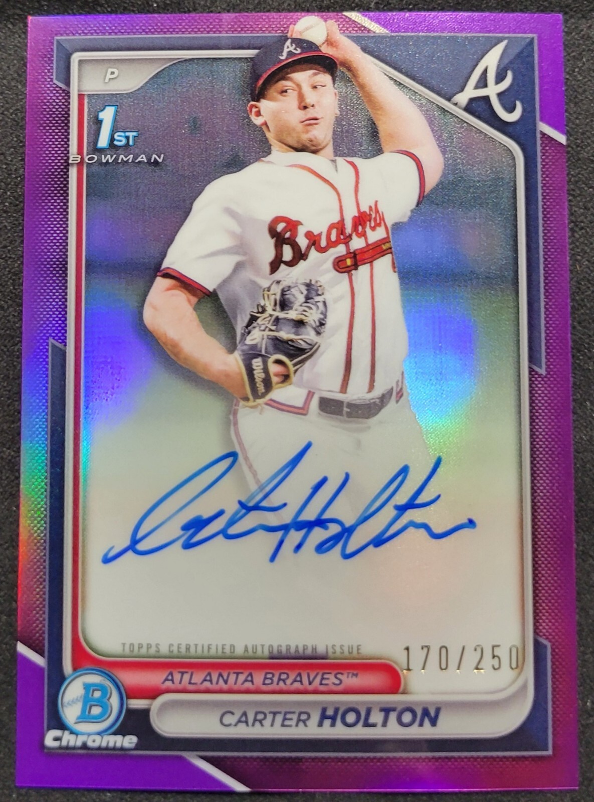 CARTER HOLTON 2024 BOWMAN CHROME DRAFT 1ST PURPLE REFRACTOR AUTO RC /250 BRAVES