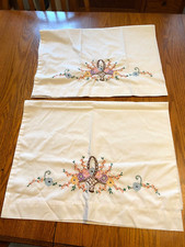 Pair Vintage White Standard Pillowcase Hand Embroidered Flower Baskets