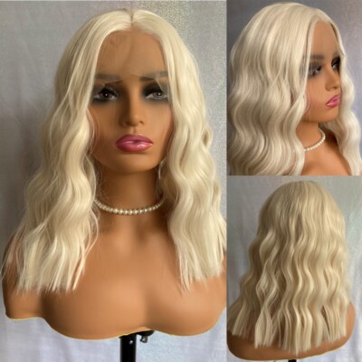 Long Wavy Full Lace Front Human Hair Blend Heat Ok Wig Women Platinum Blond