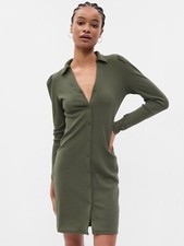 NEW WITH TAGS GAP RIB POLO MINI DRESS LONG SLEEVE MODAL GREEN PETITE SMALL $70