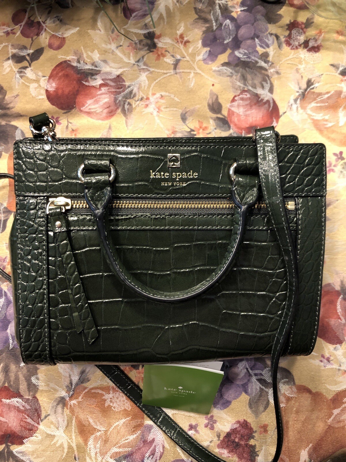 Kate Spade NY Croc Embossed Leather Shoulder Satchel Handbag. Dark Green NEW
