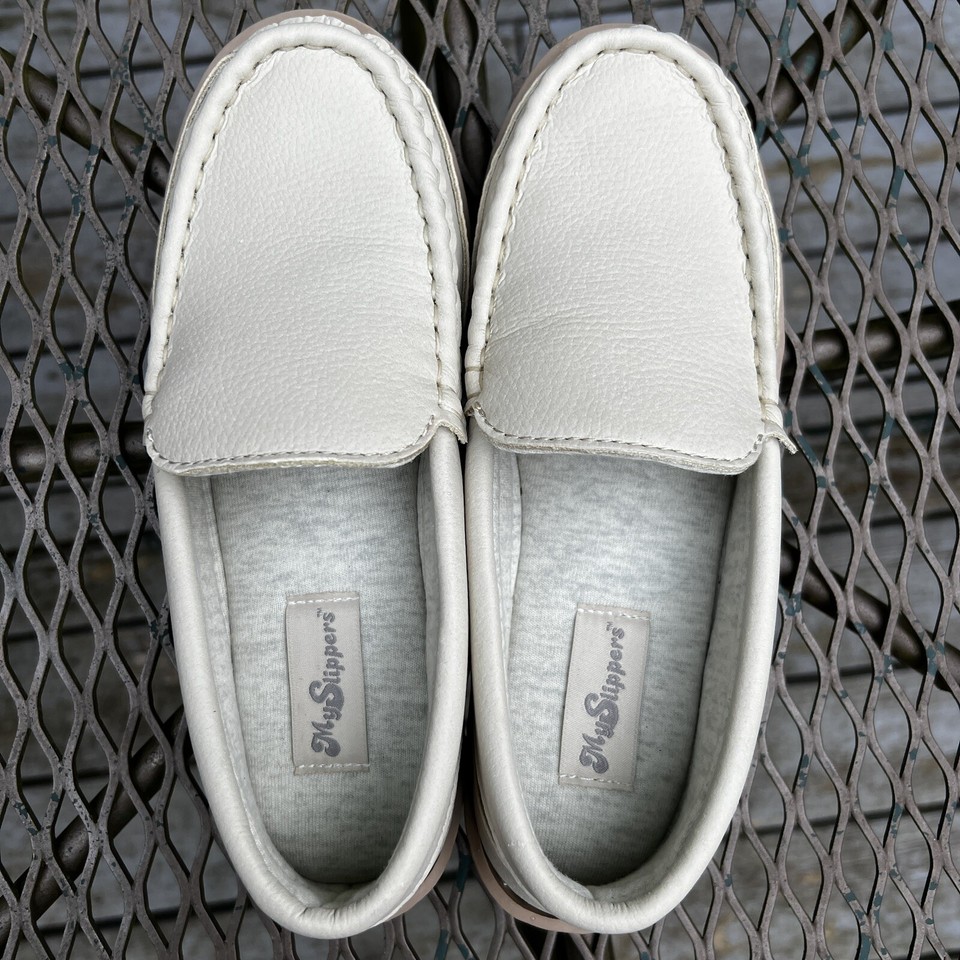 My Slippers Women’s Sz 5 White Pebbled Leather Cushioned Comfort “My