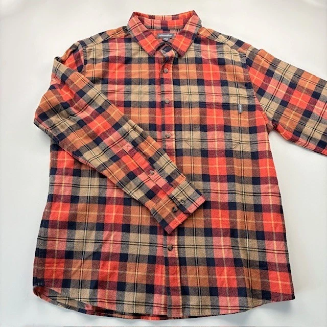 Eddie Bauer Mens Plaid Flannel Long Sleeve Button Up Shirt Orange Navy Tan L G