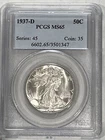 1937-D Walking Liberty Half Dollar : PCGS MS65 Blazing White