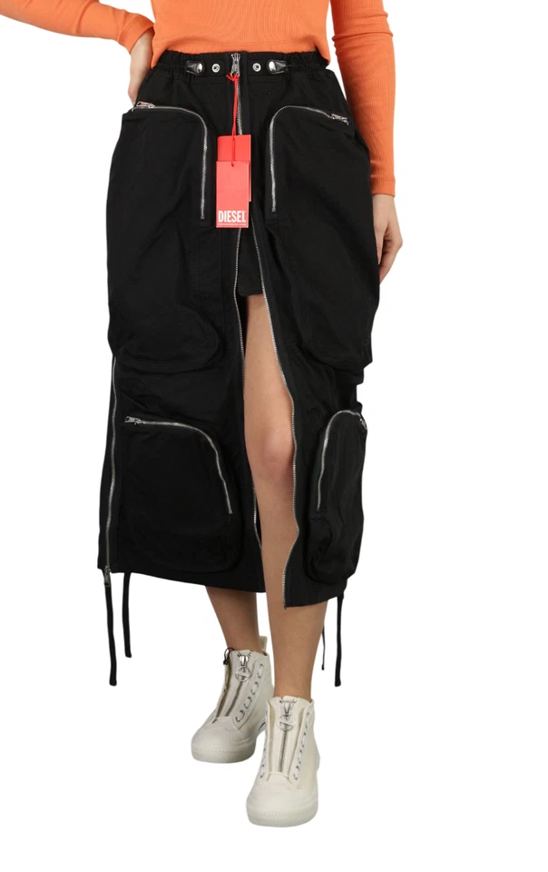 Jupe Femme DIESEL O-Mirta-NL W26 Noir Midi Élastique Taille Poche RRP275 - Photo 1/4