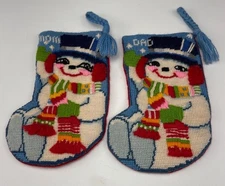 Handmade Needlepoint Snowman Mini Christmas Stockings Mom Dad Set Bright Colors