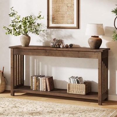 63'' Long Solid Wood Console Table, 2-Tier Rectangular Farmhouse Entryway Table