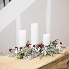 Frosted Winter Greenery and Jingle Bells Christmas Pillar Candle Holder - 28"