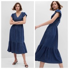 GAP 100% Organic Cotton Denim Ruffle Sleeve Smocked Midi Dress Size S Pockets