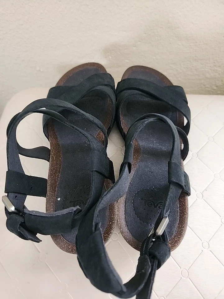 Teva Womens Mahonia Wedge Heel Cross Strap Sandals 8.5 Black Nubuck Leather - Image 4 of 4