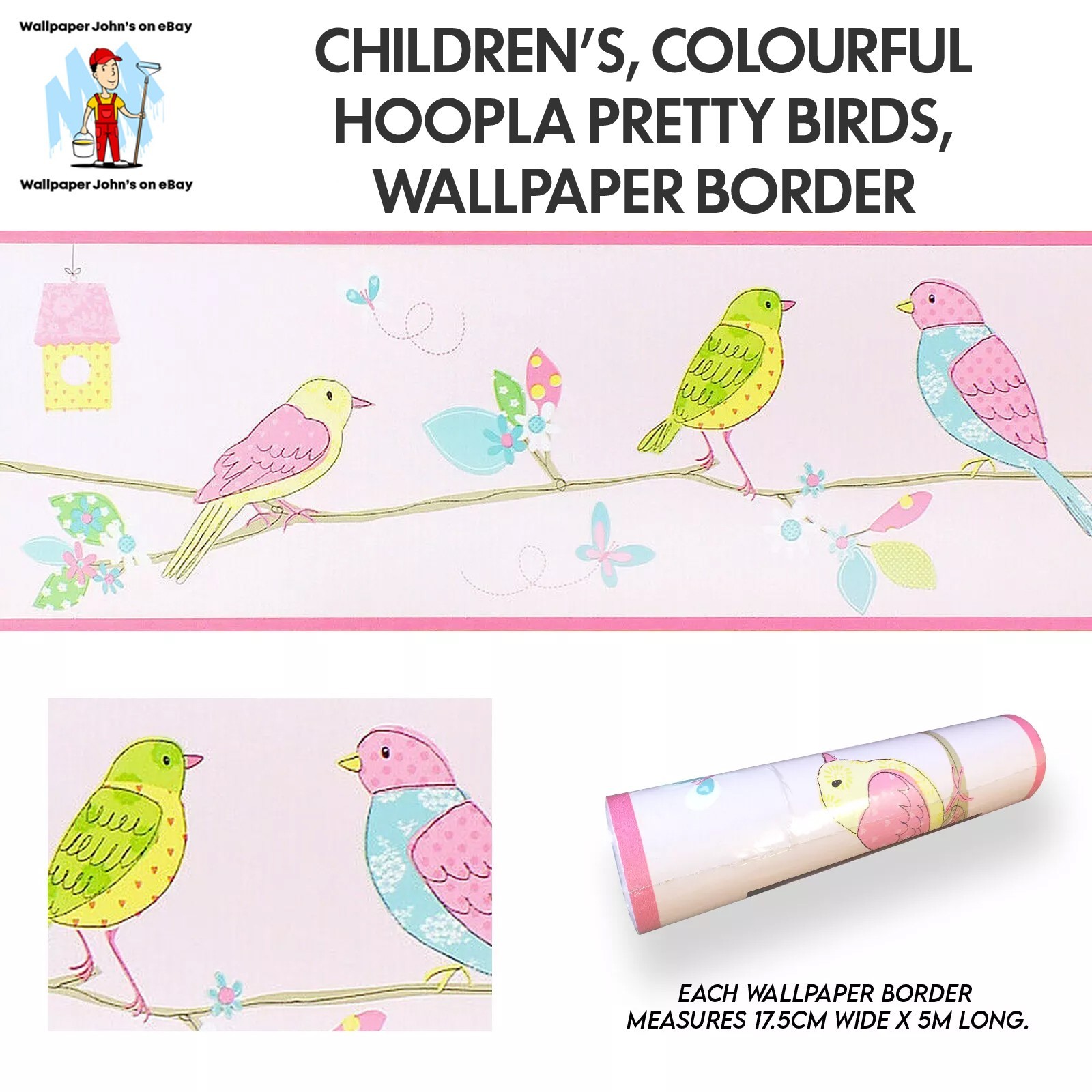 Children's, Colourful Hoopla Pretty Birds, Wallpaper Border (17.5cm x 5m)