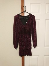 NWT Mink Pink S Metallic Purple Ines V-Neck Ruched Mini Dress With Sheer Sleeves