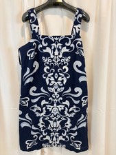 TALBOTS Sz 12 Navy Blue Mirror Print Lined Shift Linen Cotton Tank Dress EUC