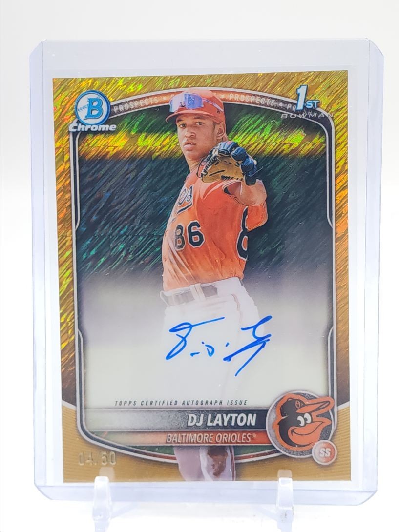 DJ LAYTON 2025 BOWMAN CHROME 1ST GOLD SHIMMER REFRACTOR AUTO /50 Q4920