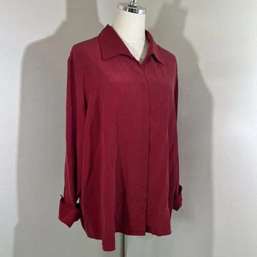 Casual Corner Annex 100% Silk Cranberry Red Button Up Shirt Sz 1X Read