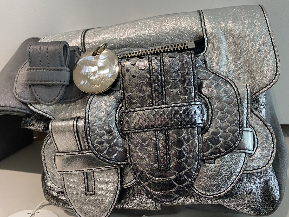 $1500 CHLOE METALLIC SILVER PYTHON SNAKESKIN/ LEATHER SASKIA