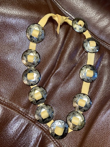English Silver Colored Conchos (11) On 22” Leather Strap
