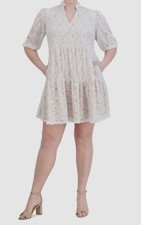 Jessica Howard Women's White Beige Balloon-Sleeve A-Line Dress Plus Size 22W