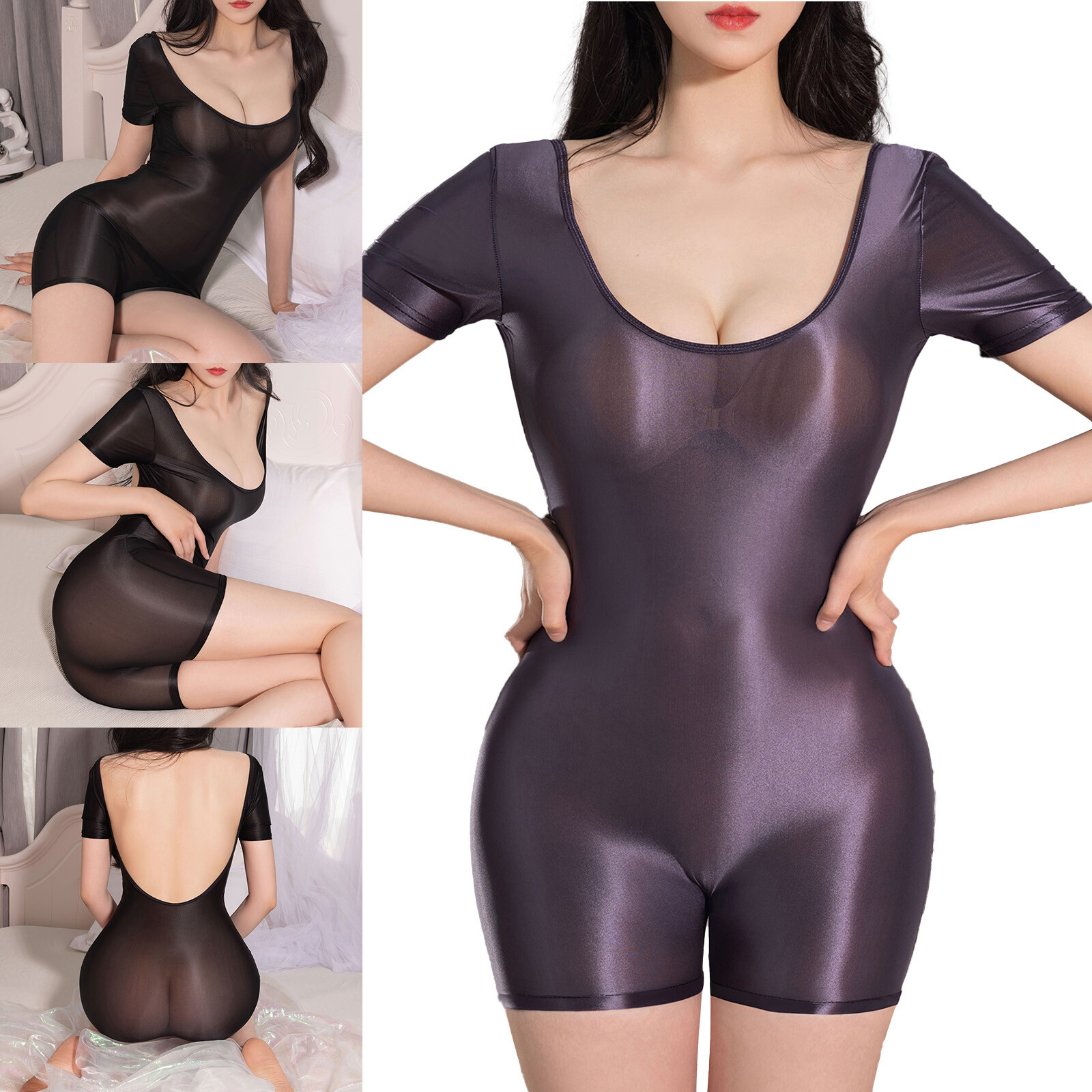 Women's Glossy One Piece Bodysuits See Through Sheer Tights Jumpsuits