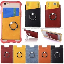 Leather Credit Card Holder Pocket + Ring Stand Adhesive Sticker For Cell Phone
