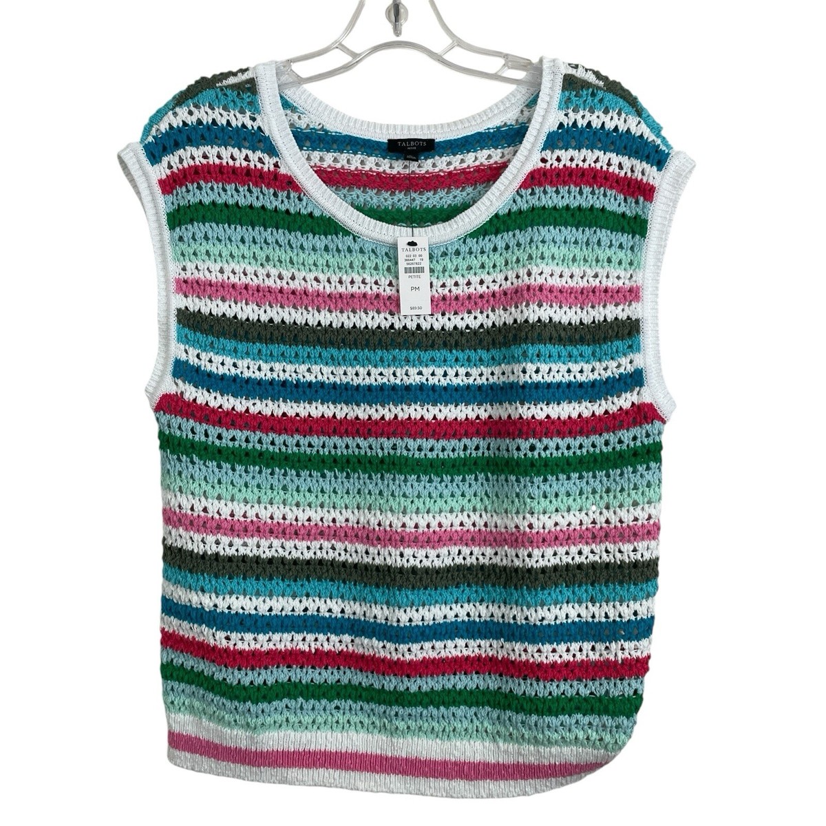 Talbots Crochet Sweater Vest Women Petite Size MP Sleeveless Green Striped  $89