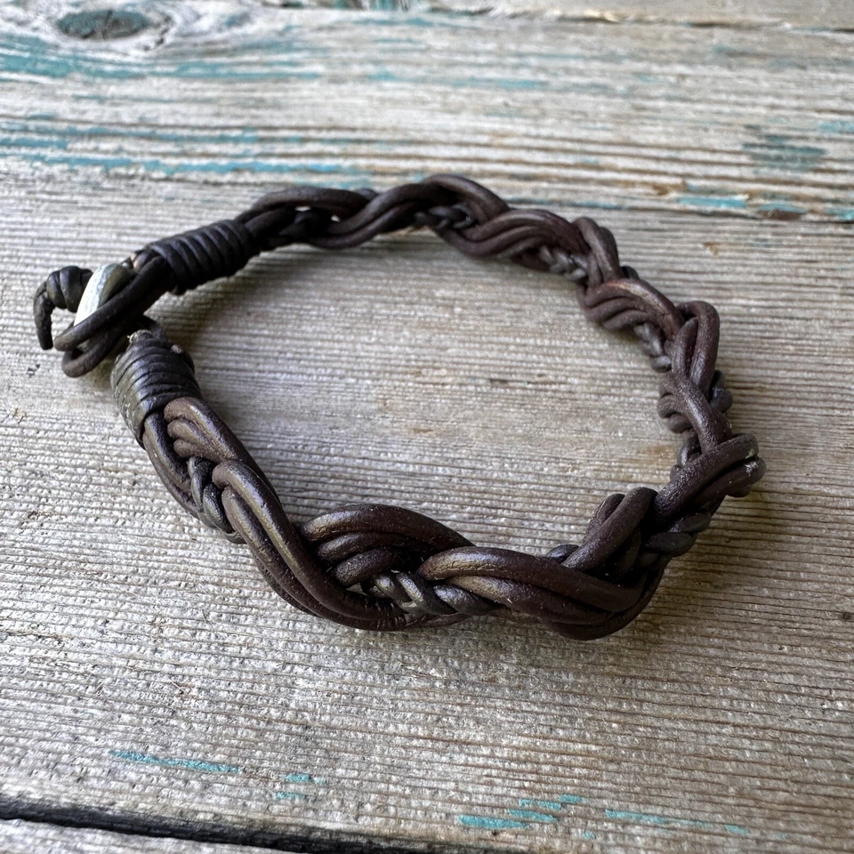 Vintage Bracelet Wristband Bangle Brown Braided Genuine Leather 7" Y2K 1980s - Image 4 of 4