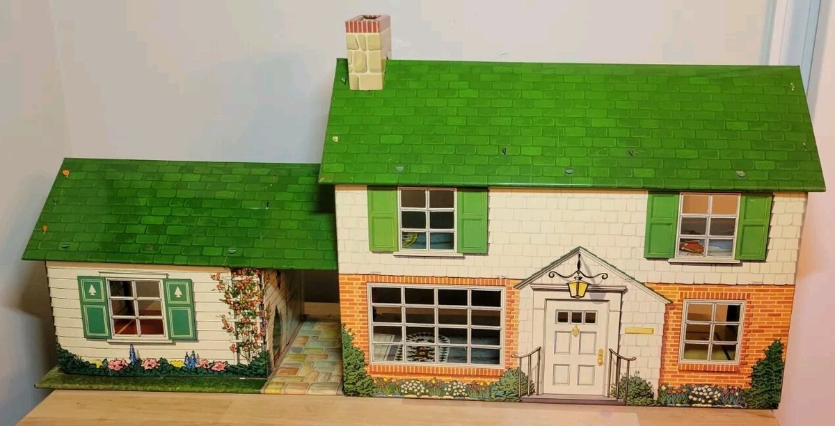 Vintage MARX DOLLHOUSE Tin Lithograph Green Roof Two Story