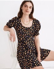 Madewell Happy Hibiscus Dress Navy Blue Size 00 Smock Sleeve Button Front