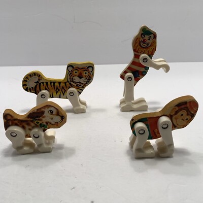 Vintage Fisher Price Circus Wagon Wooden Animals Set Of 4 Figures Monkey Lion